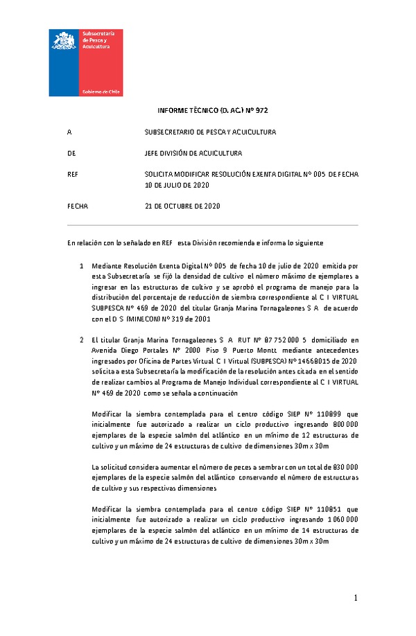 INFORME TÉCNICO (D. AC.) N° 972 SOLICITA MODIFICAR RESOLUCIÓN EXENTA DIGITAL Nº 005, DE FECHA 10 DE JULIO DE 2020.