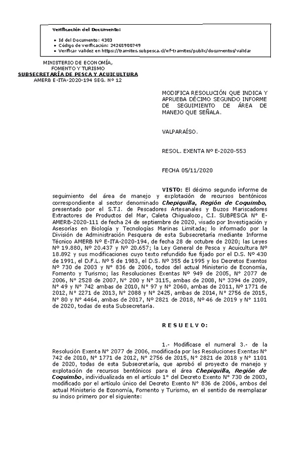 RESOL. EXENTA Nº E-2020-553 Modifica Resolución que Indica. Aprueba 12° Seguimiento. (Publicado en Página Web 06-11-2020)