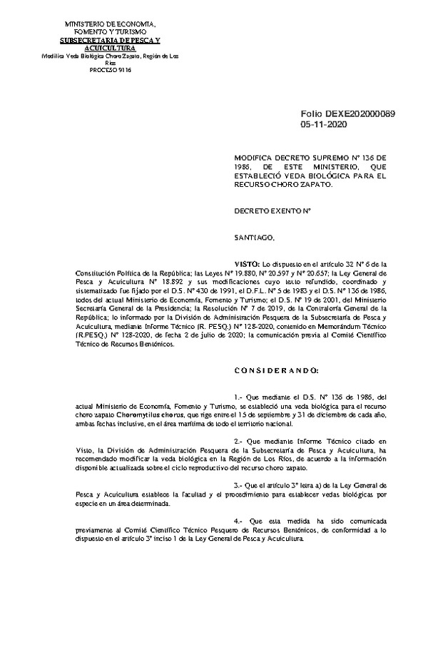 Dec. Ex. Folio N°202000089 Modifica Decreto Supremo N° 136 de 1986 que Estableció Veda Biológica para el Recurso Choro Zapato. (Publicado en Página Web 06-11-2020)