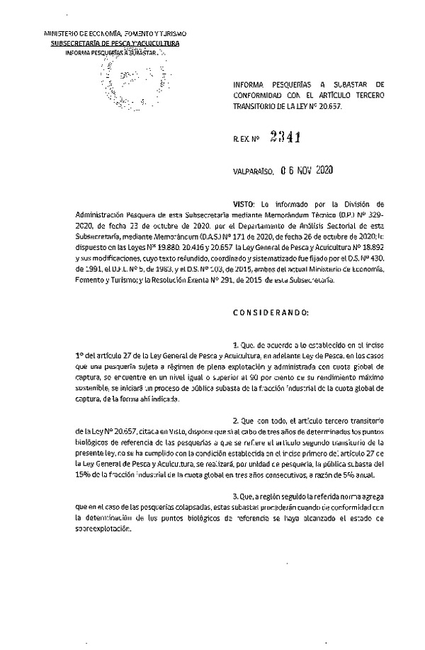 Res. Ex. N° 2341-2020 Informa Pesquerías a Subastar de Conformidad con el Artículo Tercero Transitorio de la Ley N° 20.657. (Publicado en Página Web 06-11-2020)