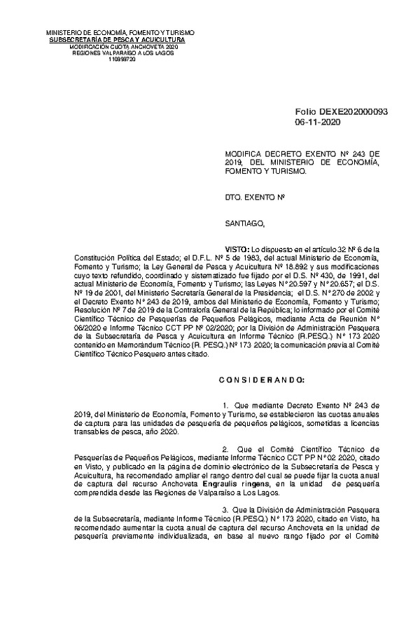 Dec. Ex. Folio 202000093 Modifica Dec. Ex. N° 243-2019, del Ministerio de Economía, Fomento y Turismo. (Publicado en Página Web 09-11-2020)