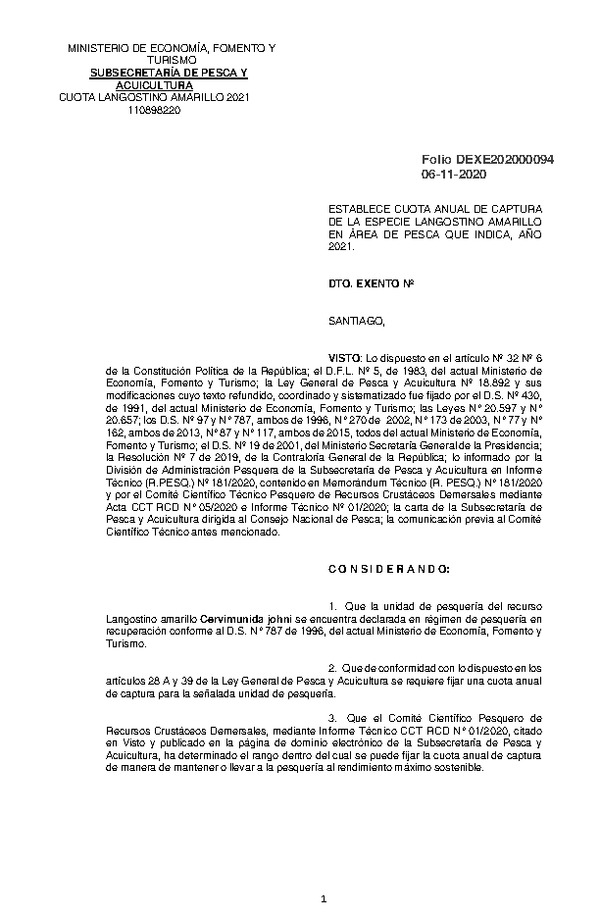 Dec. Ex. Folio 202000094 Establece cuota anual de captura de la especie Langostino Amarillo en área de pesca que indica, año 2021. (Publicado en Página Web 09-11-2020)