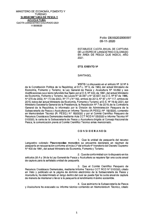 Dec. Ex. Folio 202000097 Establece cuota anual de captura de la especie Langostino Colorado en área de pesca que indica, año 2021. (Publicado en Página Web 09-11-2020)