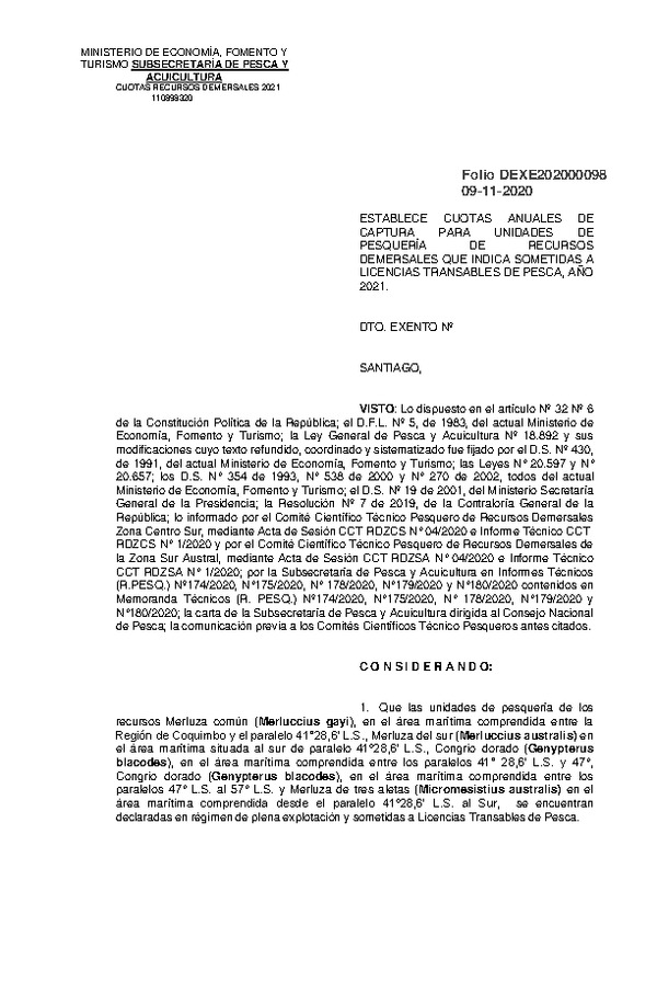 Dec. Ex. Folio 202000098 Establece cuotas anuales de captura para unidades de pesquería de recursos demersales que indica sometidas a Licencias Transables de Pesca, año 2021. (Publicado en Página Web 09-11-2020)