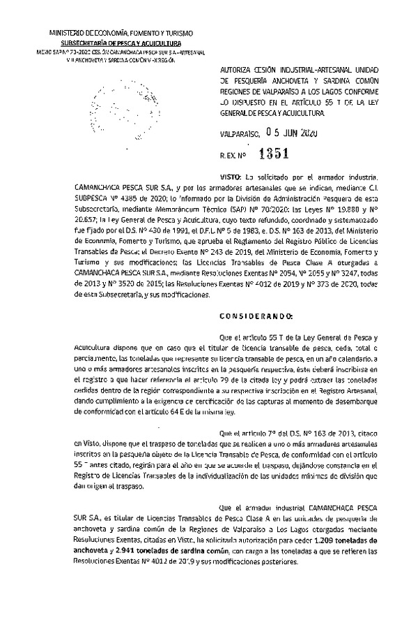 Res. Ex. N° 1351-2020 Autoriza Cesión anchoveta y sardina común Regiones Valparaíso-Los Lagos (Publicado en Página Web 05-06-2020).