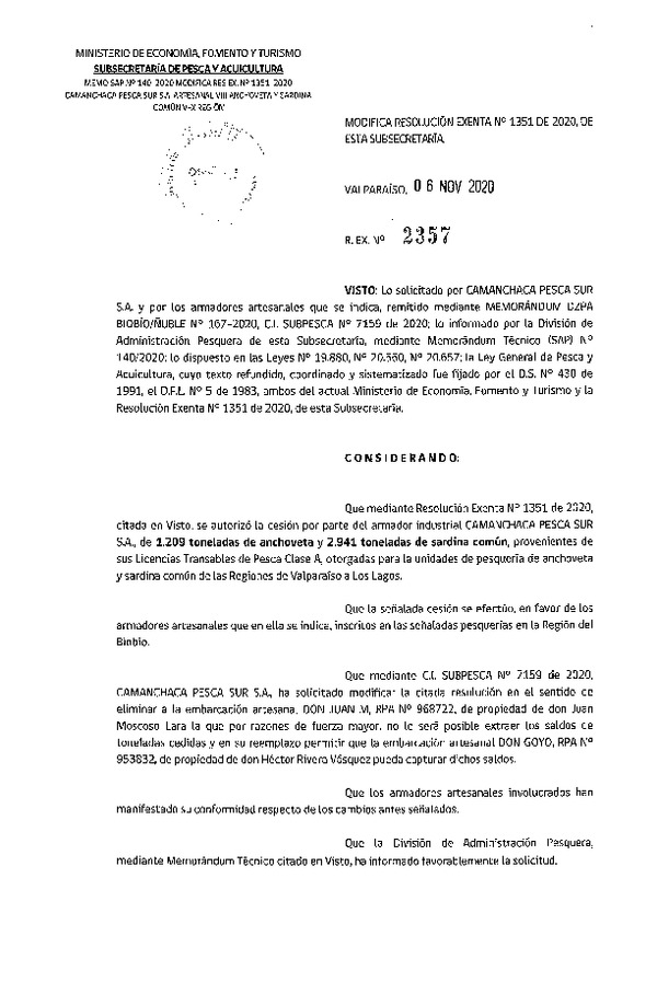 Res. Ex. N° 2357-2020 Modifica Res. Ex. N° 1351-2020 Autoriza Cesión anchoveta y sardina común Regiones Valparaíso-Los Lagos (Publicado en Página Web 11-11-2020).