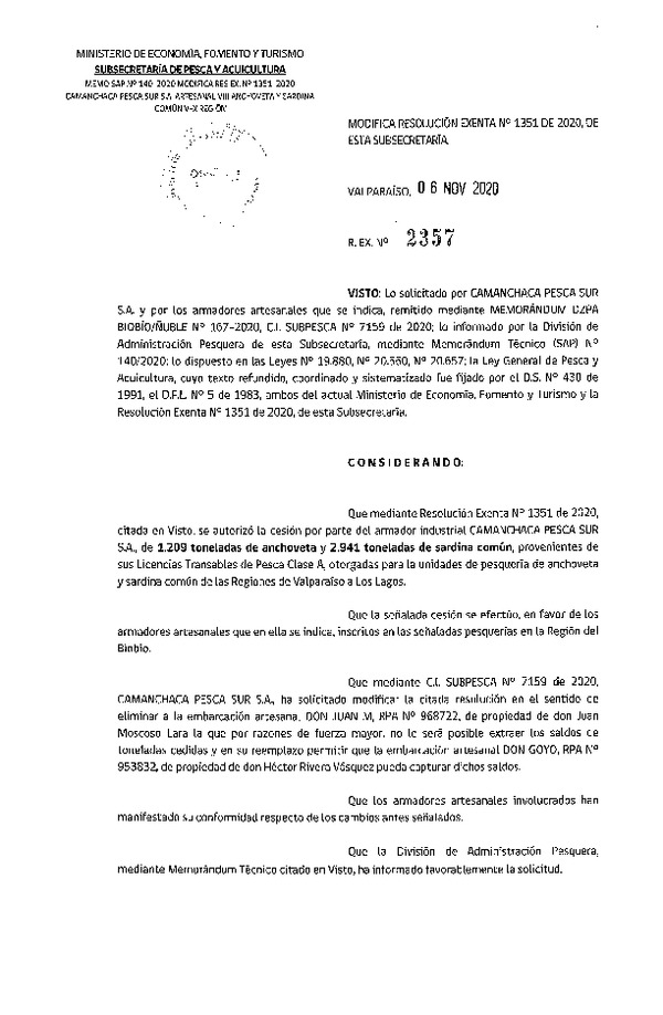 Res. Ex. N° 2357-2020 Modifica Res. Ex. N° 1351-2020 Autoriza Cesión anchoveta y sardina común Regiones Valparaíso-Los Lagos (Publicado en Página Web 11-11-2020).