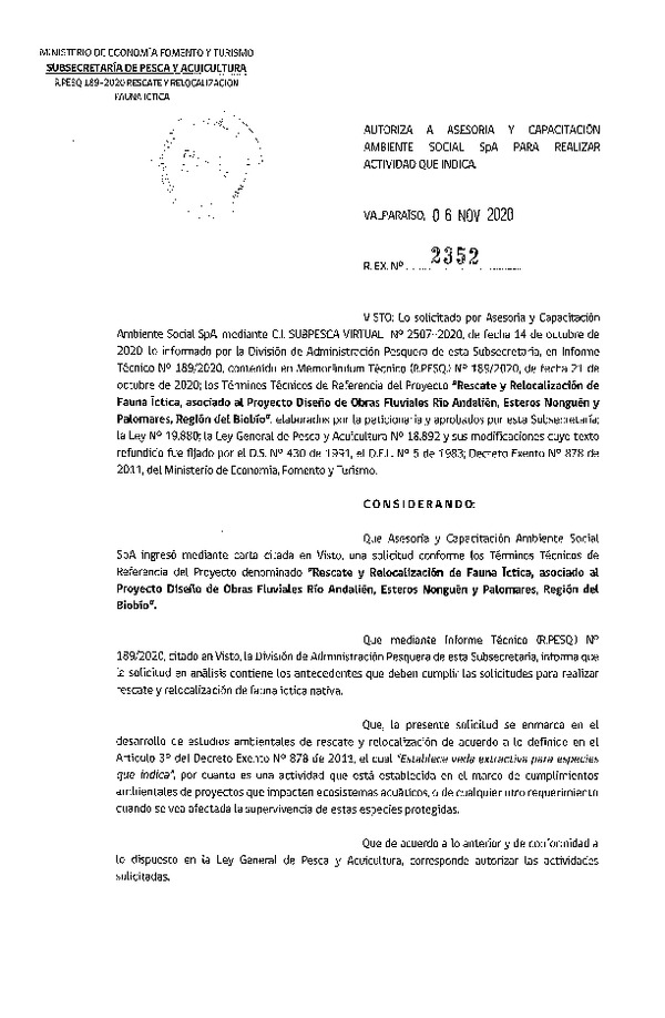 R. EX. Nº 2352-2020 Rescate y relocalización de fauna íctica, Región del Biobío. (Publicado en Página Web 11-11-2020)