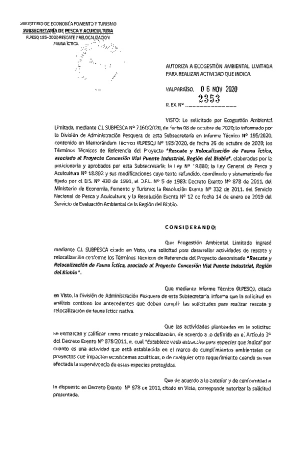 R. EX. Nº 2353-2020 Rescate y relocalización de fauna íctica, Región del Biobío. (Publicado en Página Web 11-11-2020)