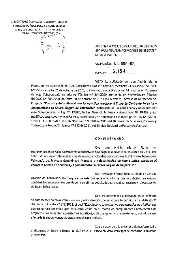 R. EX. Nº 2354-2020 Rescate y relocalización de fauna íctica, Región de Valparaíso. (Publicado en Página Web 11-11-2020)