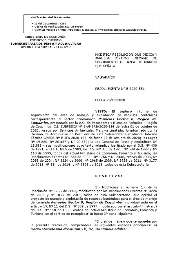 RESOL. EXENTA Nº E-2020-551 Modifica Resolución que Indica. Aprueba 7° Seguimiento. (Publicado en Página Web 11-11-2020)