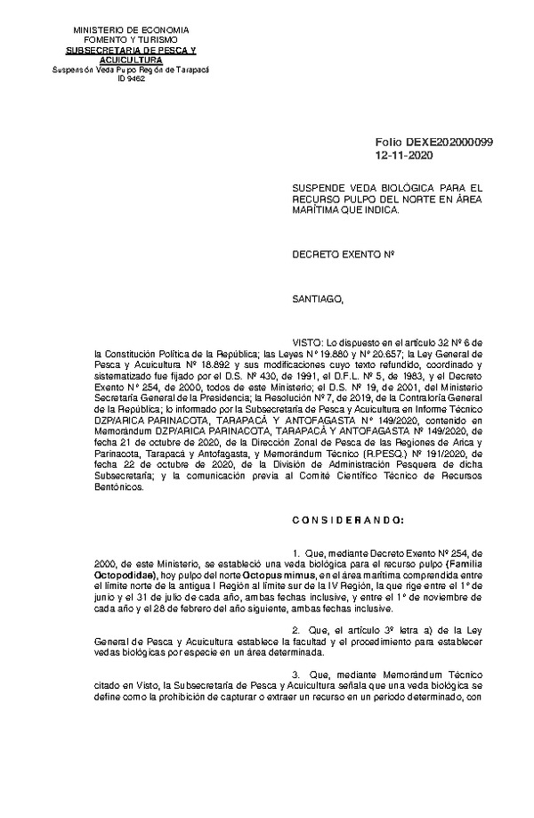 Dec. Ex. Folio 202000099 Suspende Veda Biológica Para el Recurso Pulpo del Norte, Región de Tarapacá. (Publicado en Página Web 12-11-2020)