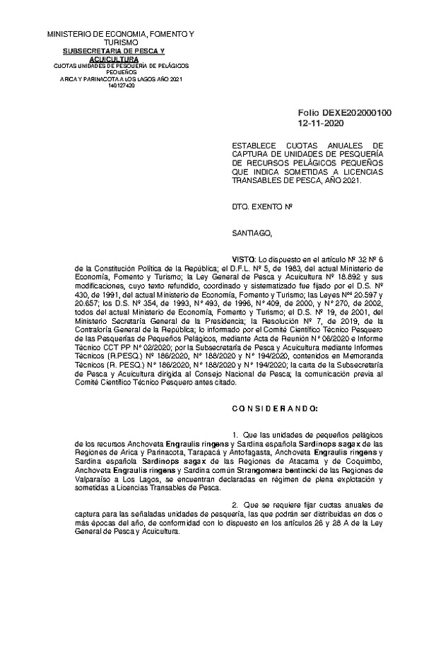 Dec. Ex. Folio 202000100 Establece Cuotas Anuales de Captura de Unidades de Pesquería de recursos Pelágicos Pequeños que Indica Sometidas a Licencias Transables de Pesca, año 2021. (Publicado en Página Web 12-11-2020)