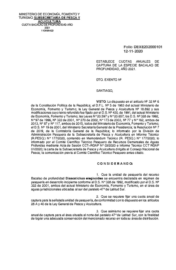 Dec. Ex. Folio 202000101 Establece Cuotas Anuales de Captura de la Especie Bacalao de Profundidad, Año 2021. (Publicado en Página Web 12-11-2020)