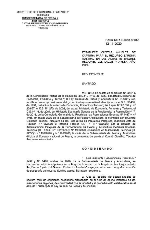 Dec. Ex. Folio 202000102 Establece Cuotas Anuales de Captura para el Recurso Sardina Austral en las Aguas Interiores Regiones de Los Lagos y Aysén, Año 2021. (Publicado en Página Web 12-11-2020)