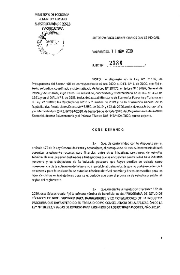 Res. Ex. N° 2386-2020 Autoriza pago a beneficiarios que se indican. (Publicado en Página Web 12-11-2020)