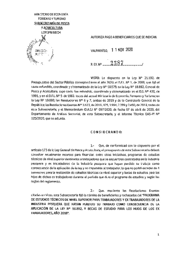 Res. Ex. N° 2387-2020 Autoriza pago a beneficiarios que se indican. (Publicado en Página Web 12-11-2020)