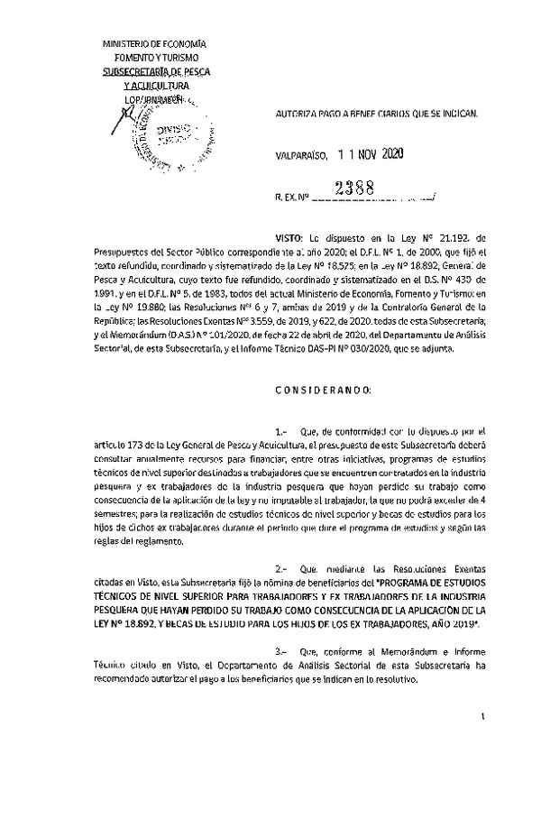 Res. Ex. N° 2388-2020 Autoriza pago a beneficiarios que se indican. (Publicado en Página Web 12-11-2020)