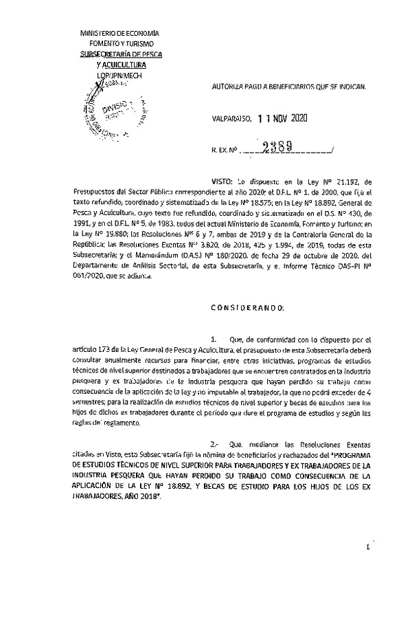 Res. Ex. N° 2389-2020 Autoriza pago a beneficiarios que se indican. (Publicado en Página Web 12-11-2020)