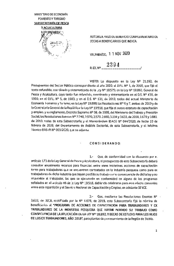 Res. Ex. N° 2394-2020 Autoriza pago a beneficio complementario de becas a beneficiarios que se indica. (Publicado en Página Web 12-11-2020)