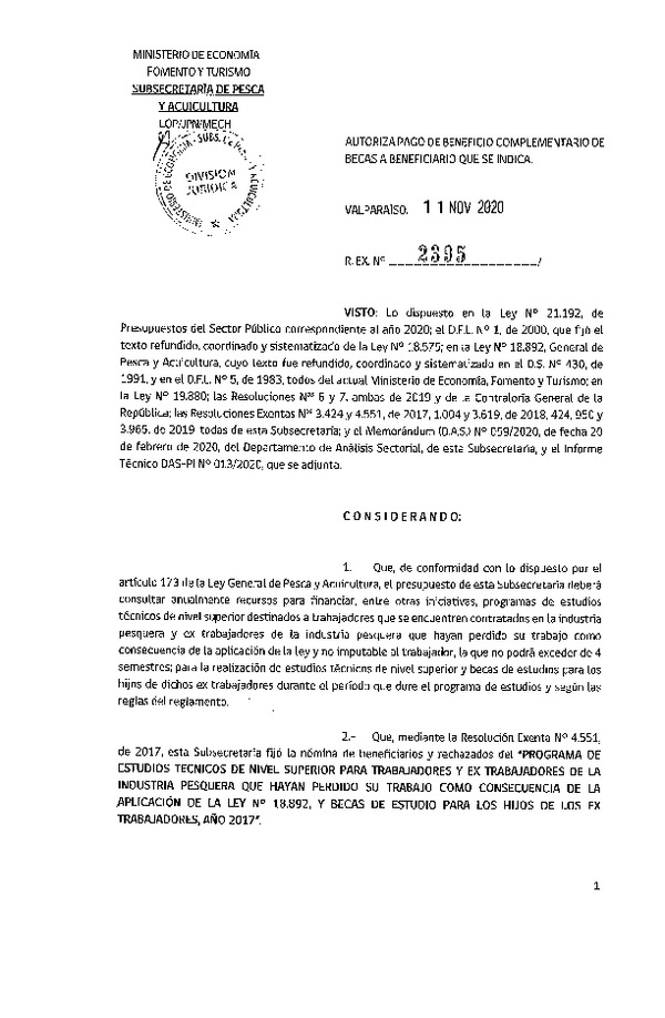 Res. Ex. N° 2395-2020 Autoriza pago a beneficio complementario de becas a beneficiarios que se indica. (Publicado en Página Web 12-11-2020)