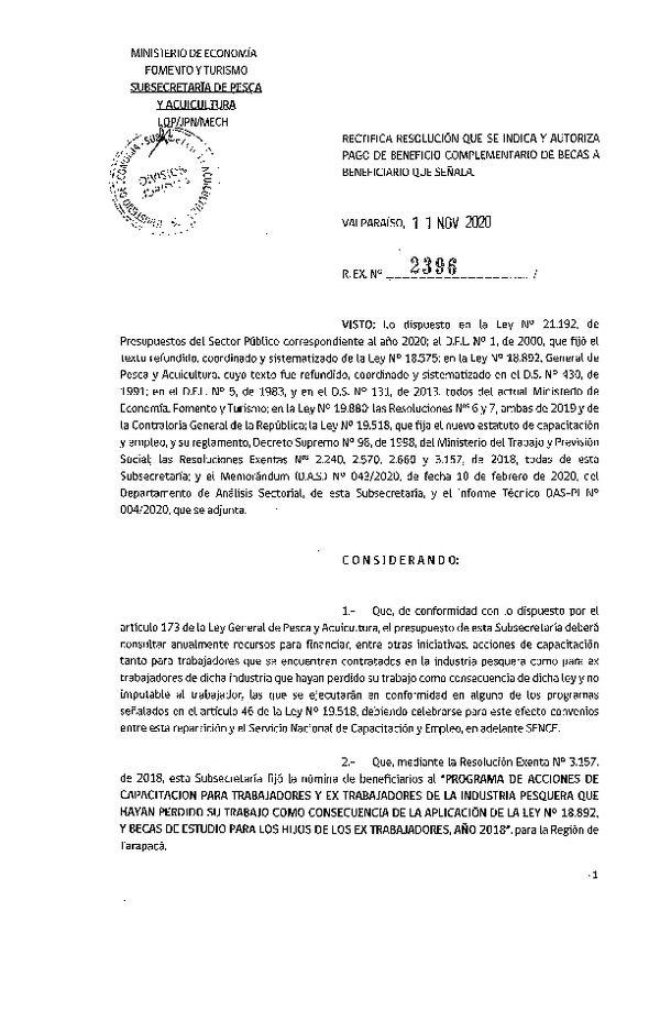 Res. Ex. N° 2396-2020 Rectifica Res. Ex. N° 3157-2018 y Autoriza pago a beneficio complementario de becas a beneficiarios que se indica. (Publicado en Página Web 12-11-2020)