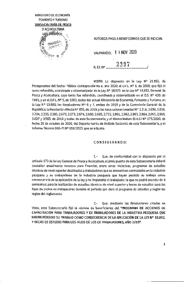 Res. Ex. N° 2397-2020 Autoriza pago a beneficiarios que se indican. (Publicado en Página Web 12-11-2020)