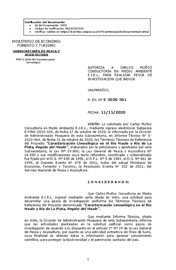 R. EX. Nº E-2020-561 Caracterización Limnológica en el Río Maule y Río de La Plata, Región del Maule. (Publicado en Página Web 12-11-2020)