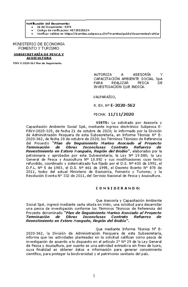 R. EX. Nº E-2020-562 Plan de Seguimiento Marino Asociado al Proyecto Terminación de Obras Inconclusas Contrato Refuerzo de Revestimiento en Estero Nonguén, Región del Biobío. (Publicado en Página Web 12-11-2020)