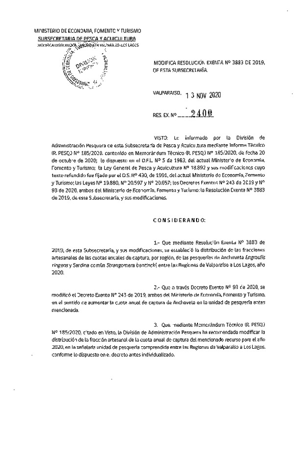 Res. Ex. N° 2400-2020 Modifica Res. Ex. N° 3883-2019 Distribución de la Fracción Artesanal de Pesquería de Anchoveta y Sardina Común, Regiones Valparaíso a Los Lagos, Año 2020. (Publicado en Página Web 16-11-2020)