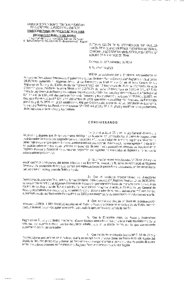 Res. Ex. N° 110-2020 (DZP Ñuble y del Biobío) Autoriza cesión Merluza Común. (Publicado en Página Web 16-11-2020)
