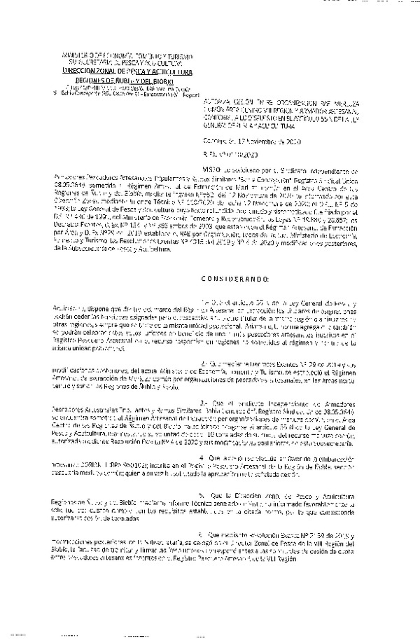 Res. Ex. N° 110-2020 (DZP Ñuble y del Biobío) Autoriza cesión Merluza Común. (Publicado en Página Web 16-11-2020)
