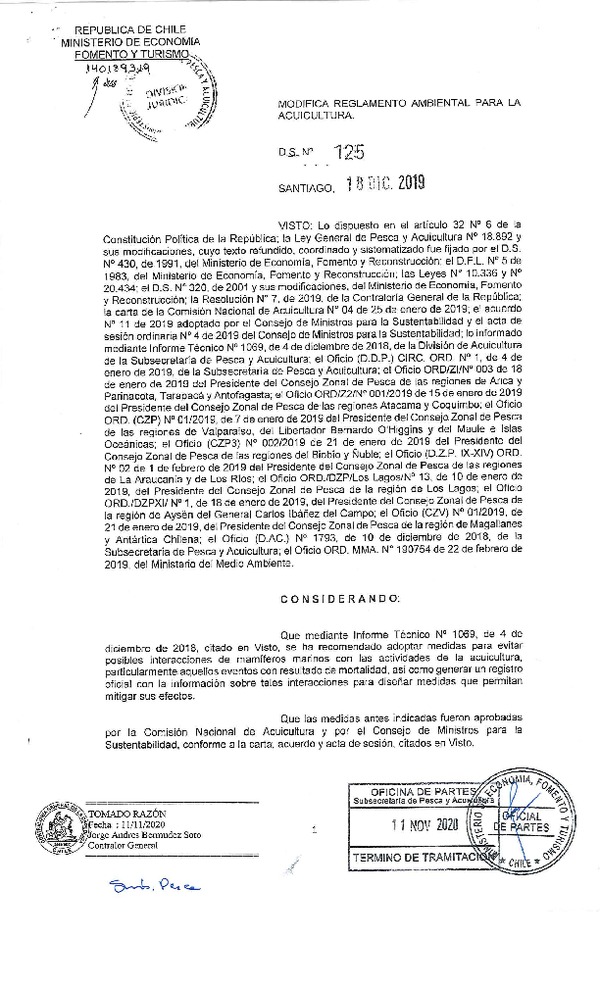 D.S. N° 125-2019 Modifica D.S.N° 320-2001, Reglamento Ambiental para la Acuicultura. (F.D.O. 16-11-2020)