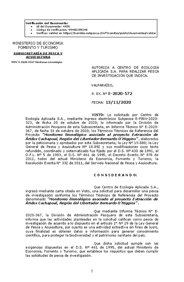 R. EX. Nº E-2020-572 Monitoreo limnológico asociado al proyecto Extracción de Áridos Cachapoal, Región del Libertador Bernardo O’Higgins (Publicado en Página Web 16-11-2020)