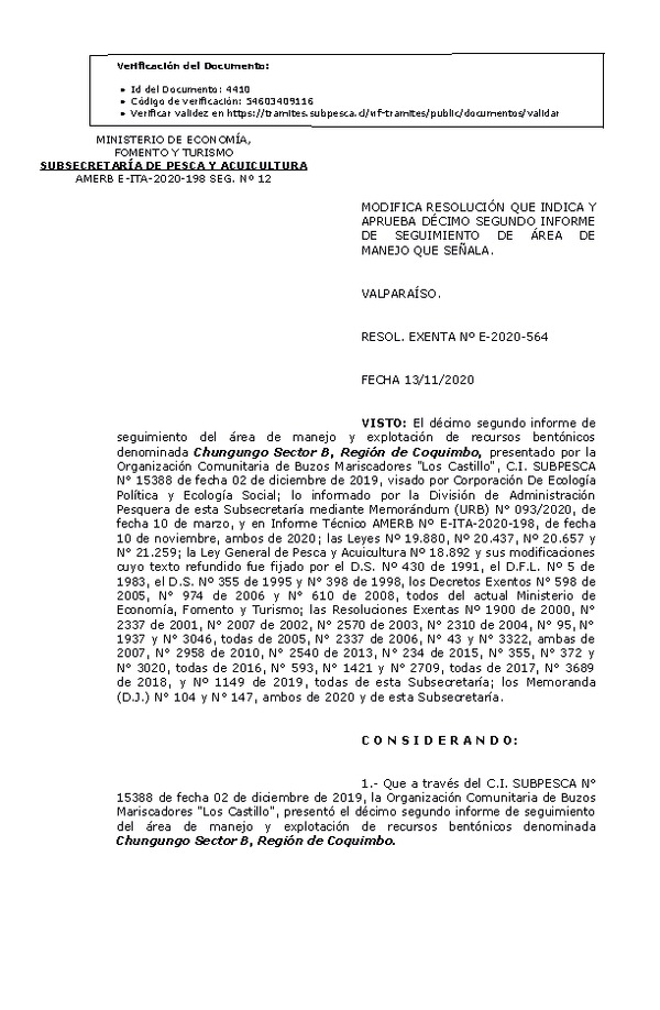 RESOL. EXENTA Nº E-2020-564 Modifica resolución que indica. Aprueba 12° Seguimiento. (Publicado en Página Web 16-11-2020)