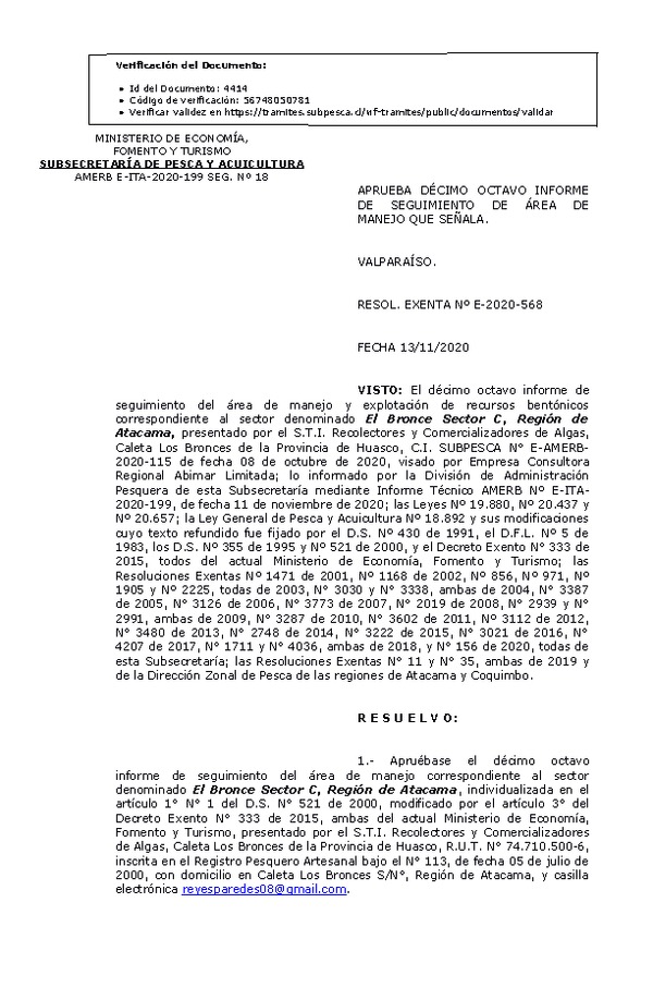 RESOL. EXENTA Nº E-2020-568 Aprueba 18° Seguimiento. (Publicado en Página Web 16-11-2020)