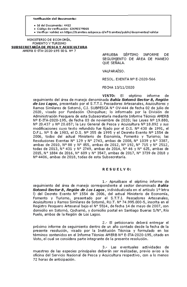 RESOL. EXENTA Nº E-2020-566 Aprueba 7° Seguimiento. (Publicado en Página Web 16-11-2020)