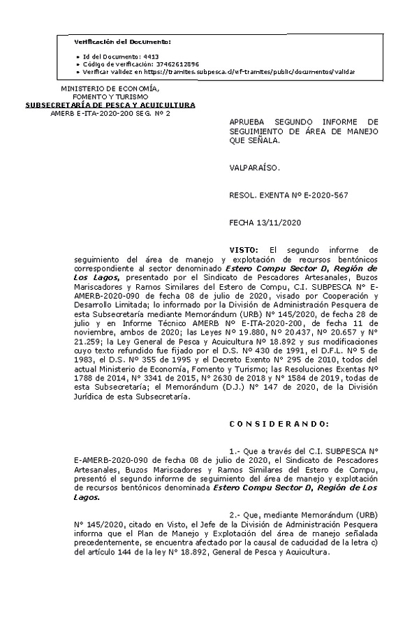 RESOL. EXENTA Nº E-2020-567 Aprueba 2° Seguimiento. (Publicado en Página Web 16-11-2020)