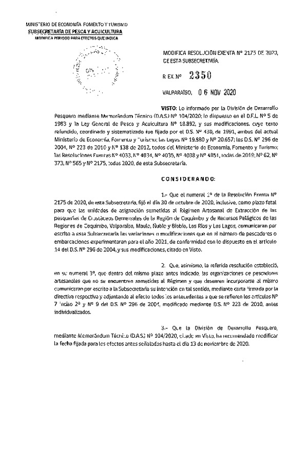 Res. Ex. N° 2350-2020 Modifica 	Res. Ex. N° 2175-2020 Establece Período para los Efectos Previstos en el Artículo 14 del D.S. N° 296 de 2004. (Publicado en Página Web 06-11-2020) (F.D.O. 12-11-2020)