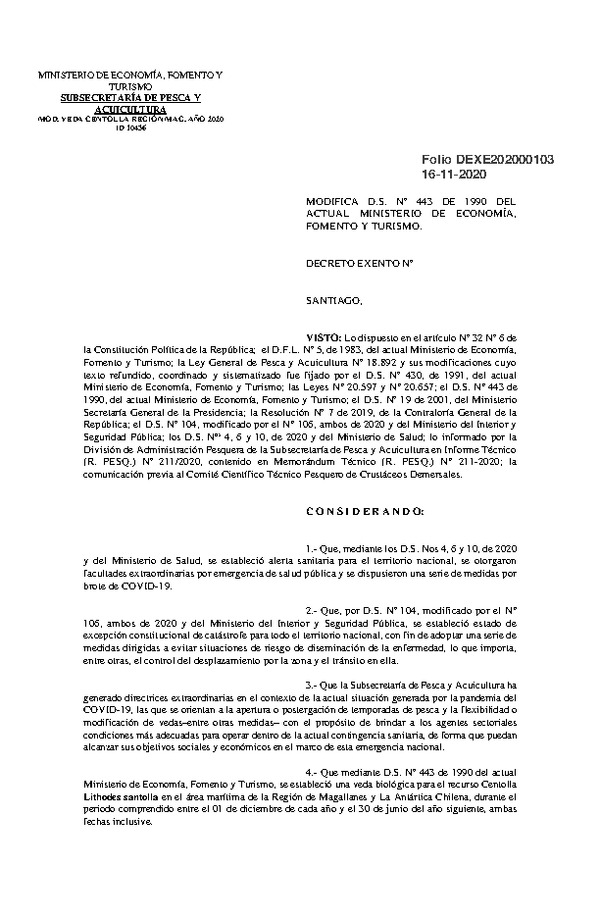 Dec. Ex. Folio 202000103 Modifica D.S. N° 443-1990 Veda Biológica Recurso Centolla, Región de Magallanes y La Antártica Chilena. (Publicado en Página Web 17-11-2020)