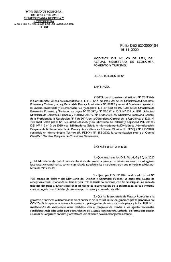 Dec. Ex. Folio 202000104 Modifica D.S. N° 509-1991 Veda Biológica Recurso Centolla, Regiones de Los Ríos y de Los Lagos. (Publicado en Página Web 17-11-2020)