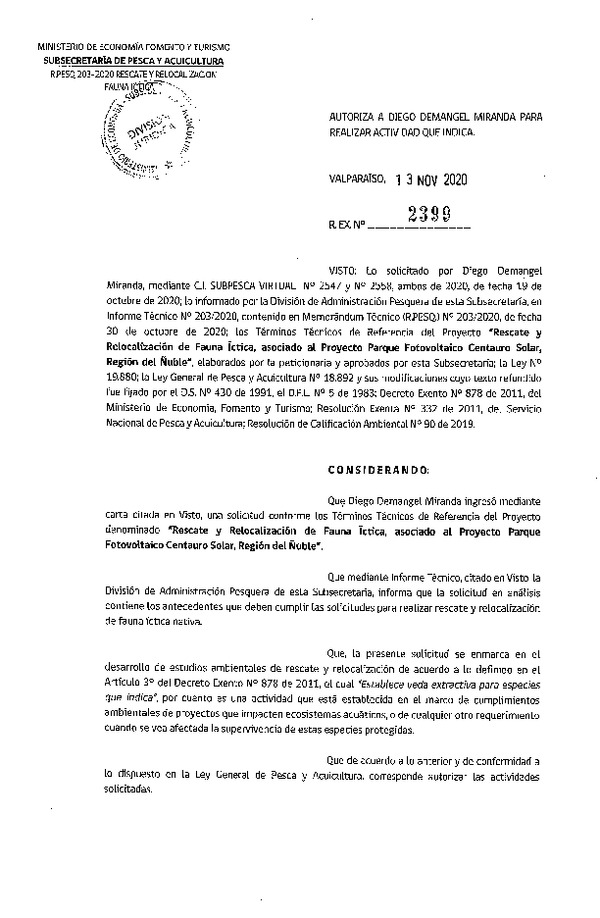 R. EX. Nº 2399-2020 Rescate y relocalización de fauna íctica, Región de Ñuble. (Publicado en Página Web 11-11-2020)