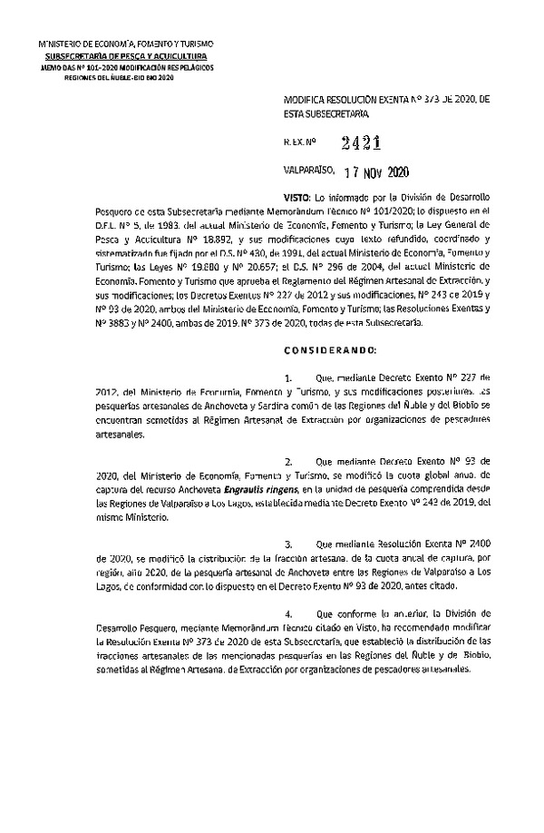 Res. Ex. N° 2421-2020 Rectifica Res. Ex. N° 373-2020, Distribución de la fracción artesanal de pesquerías de Anchoveta y Sardina común en las regiones del Ñuble y del Biobío, año 2020. (Publicado en Página Web 17-11-2020)