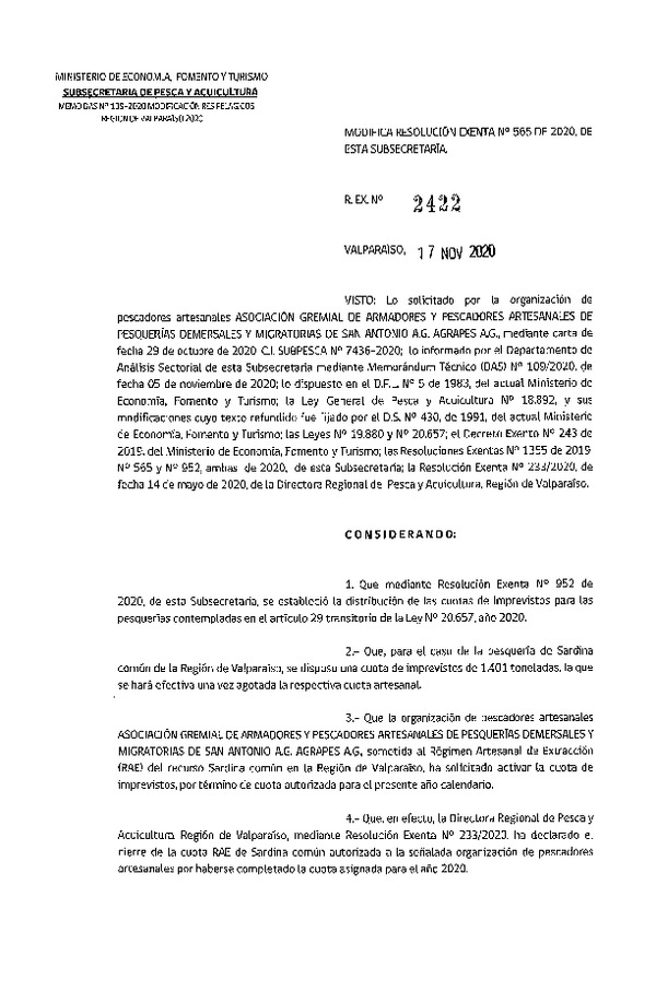 Res. Ex. N° 2422-2020 Modifica Res Ex N° 565-2020, Distribución de la fracción artesanal de pesquería de Anchoveta, Sardina Común y Jurel en la Región de Valparaíso, año 2020 (Publicado en Página Web 17-11-2020)