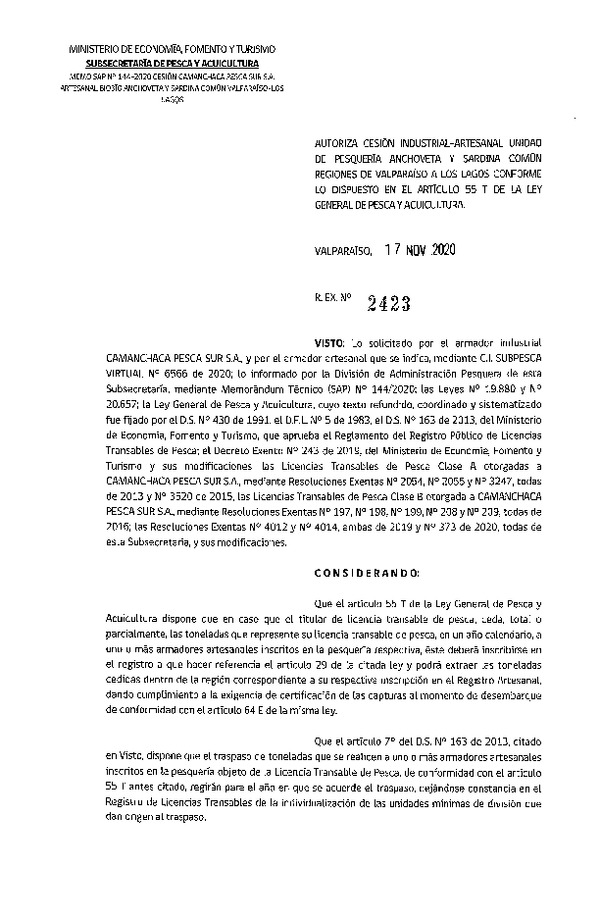 Res. Ex. N° 2423-2020 Autoriza Cesión anchoveta y sardina común Regiones Valparaíso-Los Lagos (Publicado en Página Web 17-11-2020).