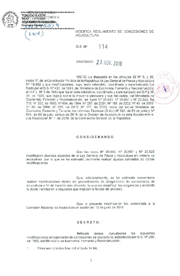 D.S. N° 114-2019 Modifica D.S. N° 290-1993 Reglamento de Concesiones de Acuicultura. (Publicado en Página Web 18-11-2020) (F.D.O. 18-11-2020)