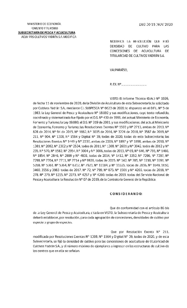 Res. Ex. DIG N° 050-2020 Modifica Res. Ex N° 211-2020, Fija densidad de cultivo para las concesiones de acuicultura de titularidad de Cultivo Yadrán S.A. (Publicado en Página Web 18-11-2020).