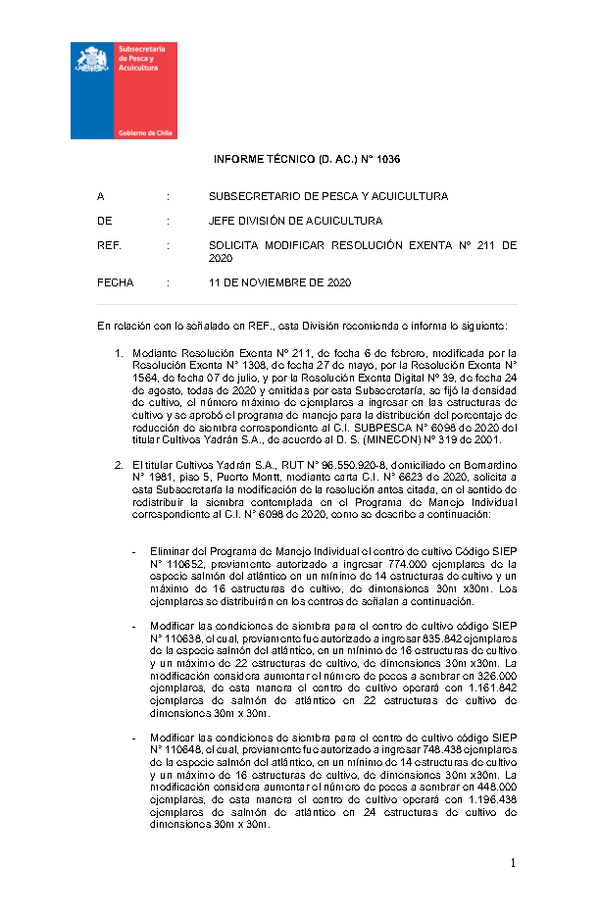 INFORME TÉCNICO (D. AC.) N° 1036 SOLICITA MODIFICAR RESOLUCIÓN EXENTA Nº 211 DE 2020.