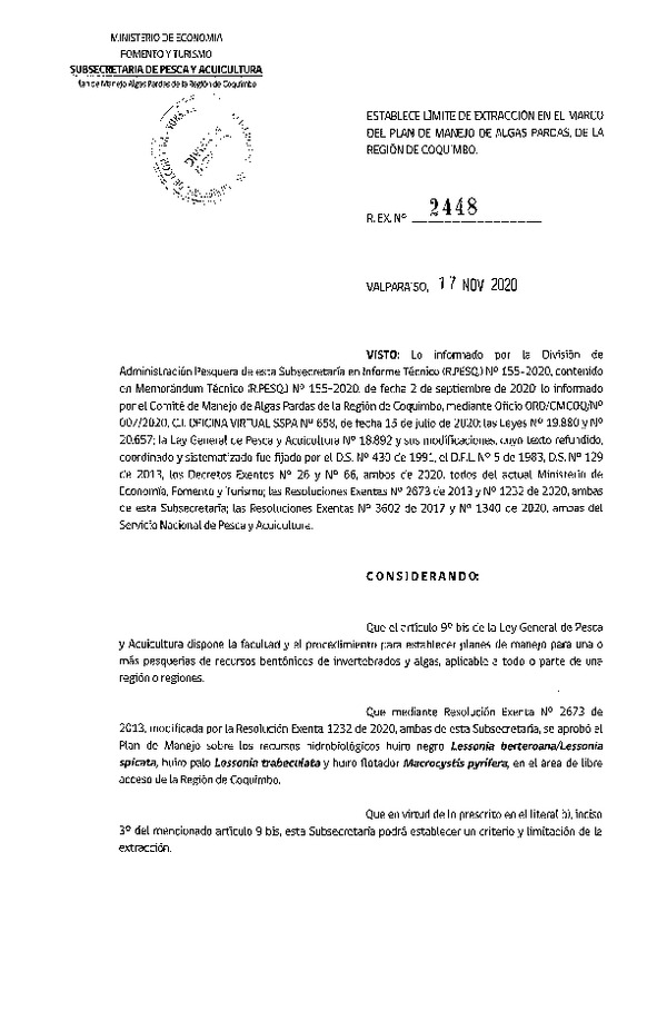 Res. Ex. Nº 2448-2020 Establece Límite de Extracción en el Marco del Plan de Manejo de Algas Pardas, Región de Coquimbo. (Publicado en Página Web 18-11-2020)