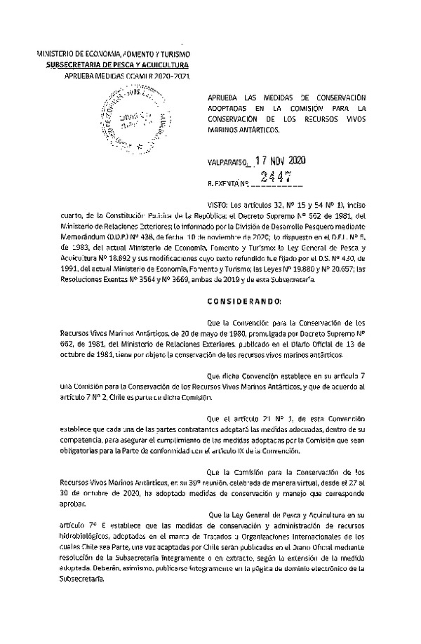 Res. Ex. N° 2447-2020 Aprueba las Medidas de Conservación Adoptadas en la Comisión Para la Conservación de los Recursos Vivos Marinos Antárticos. (Publicado en Página Web 18-11-2020)